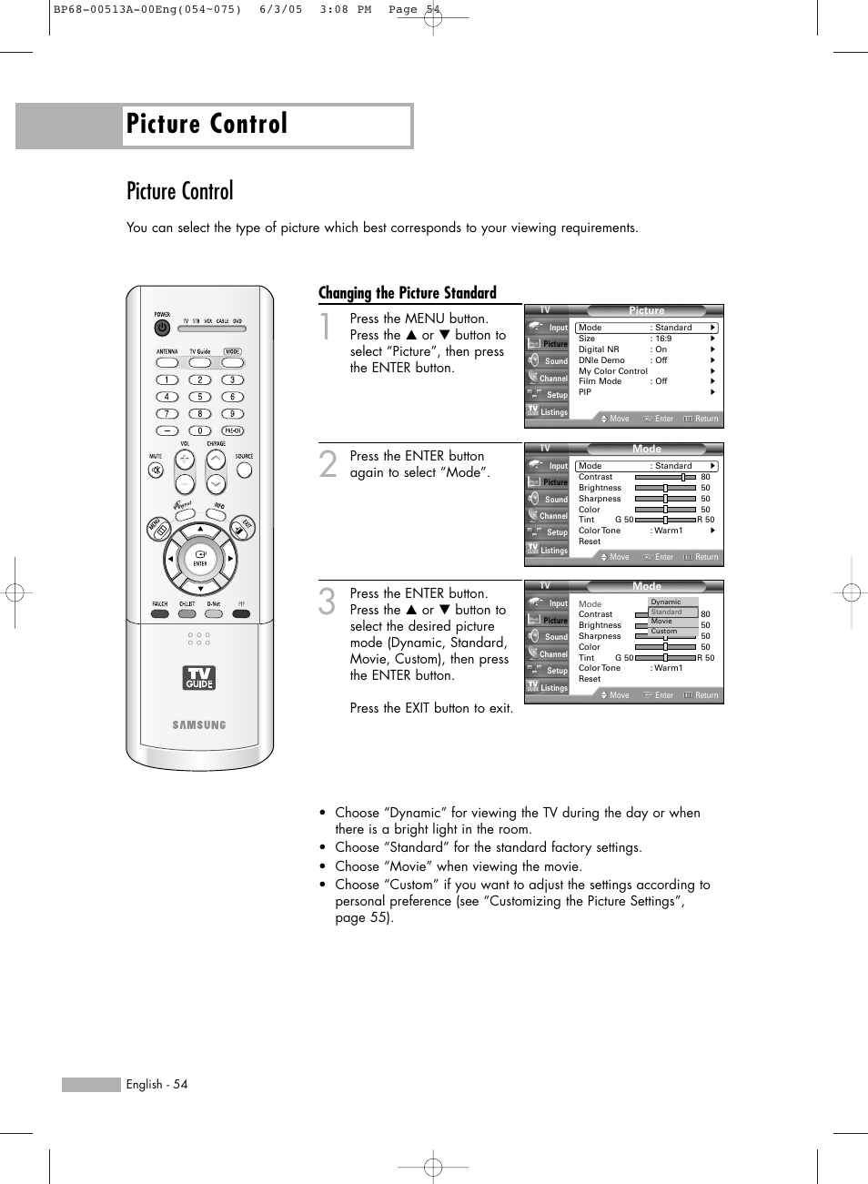Picture control, Changing the picture standard | Samsung HLR5078WX-XAC User Manual | Page 54 / 144