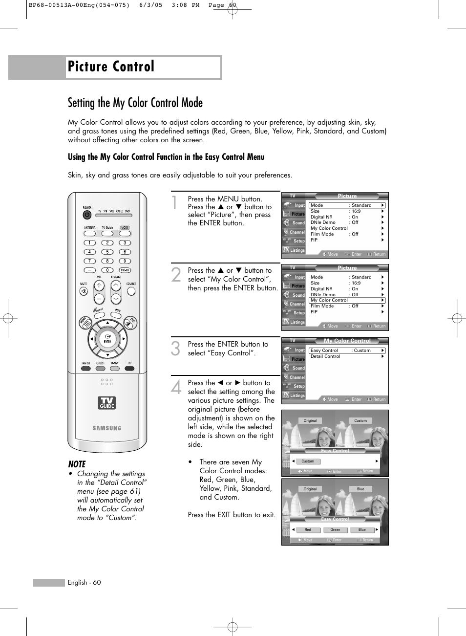 Setting the my color control mode, Picture control | Samsung HLR5078WX-XAC User Manual | Page 60 / 144