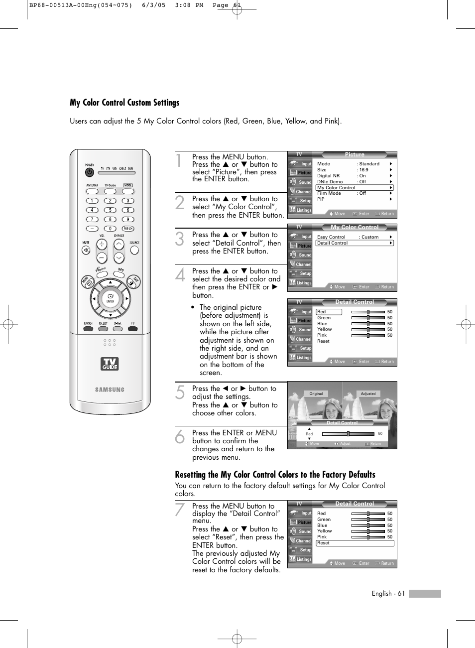 My color control custom settings | Samsung HLR5078WX-XAC User Manual | Page 61 / 144