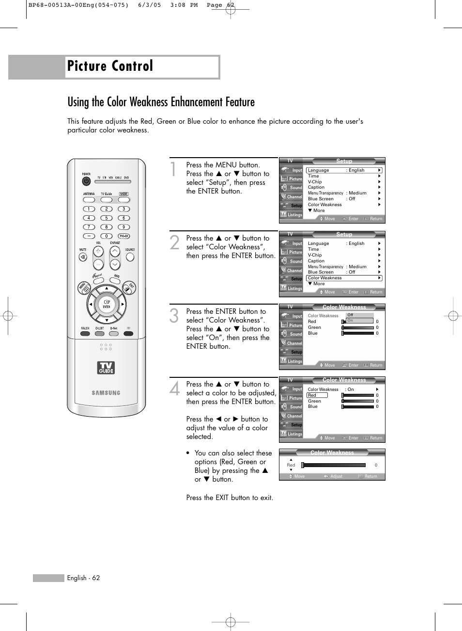 Using the color weakness enhancement feature, Picture control | Samsung HLR5078WX-XAC User Manual | Page 62 / 144