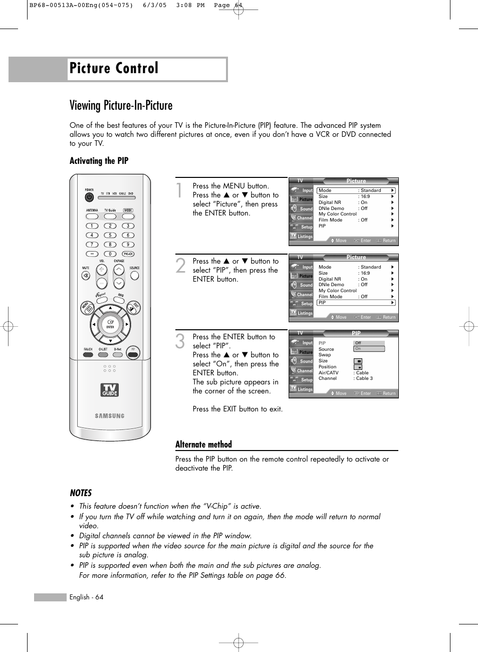 Viewing picture-in-picture, Picture control, Activating the pip | Alternate method | Samsung HLR5078WX-XAC User Manual | Page 64 / 144
