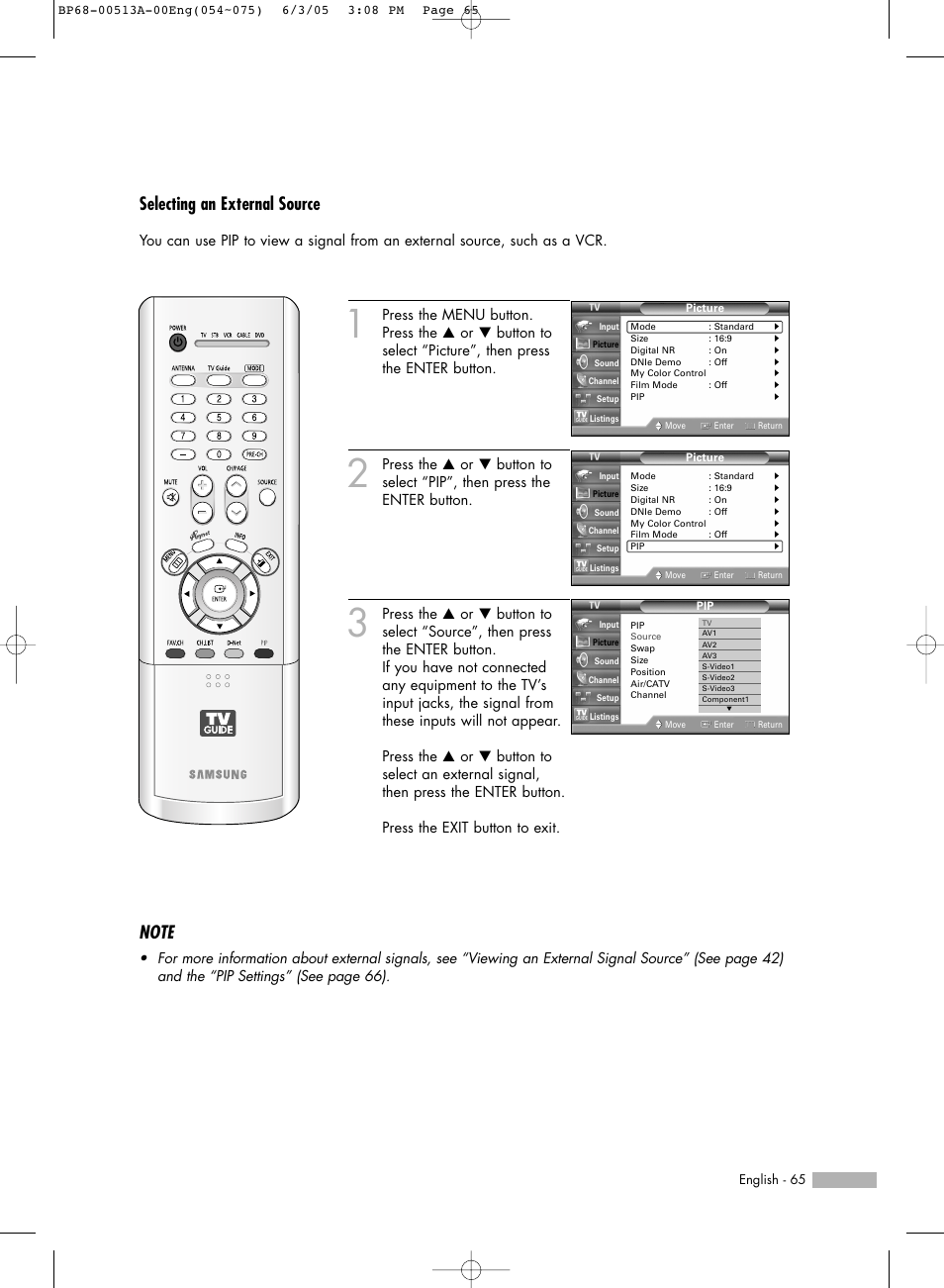 Selecting an external source | Samsung HLR5078WX-XAC User Manual | Page 65 / 144
