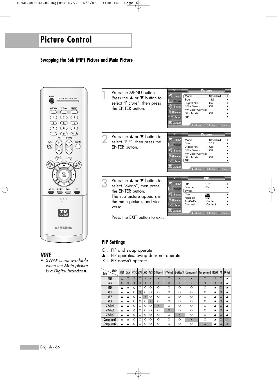 Picture control, Swapping the sub (pip) picture and main picture, Pip settings | English - 66 | Samsung HLR5078WX-XAC User Manual | Page 66 / 144