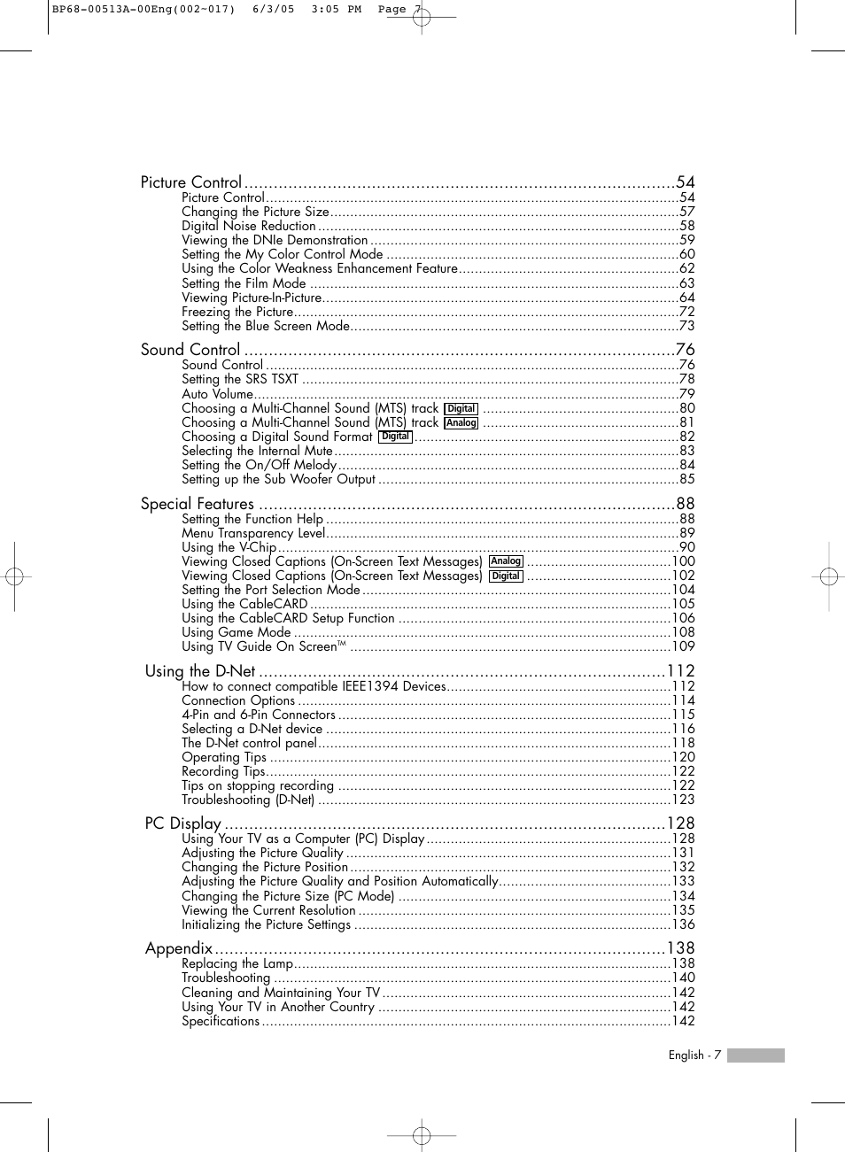 Picture control, Sound control, Special features | Using the d-net, Pc display, Appendix | Samsung HLR5078WX-XAC User Manual | Page 7 / 144