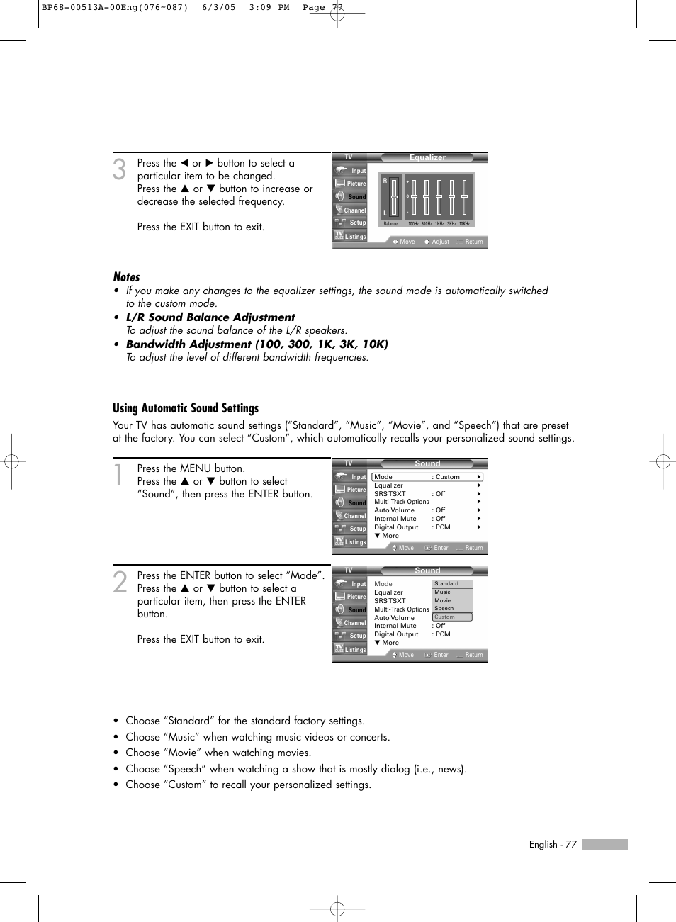 Using automatic sound settings | Samsung HLR5078WX-XAC User Manual | Page 77 / 144