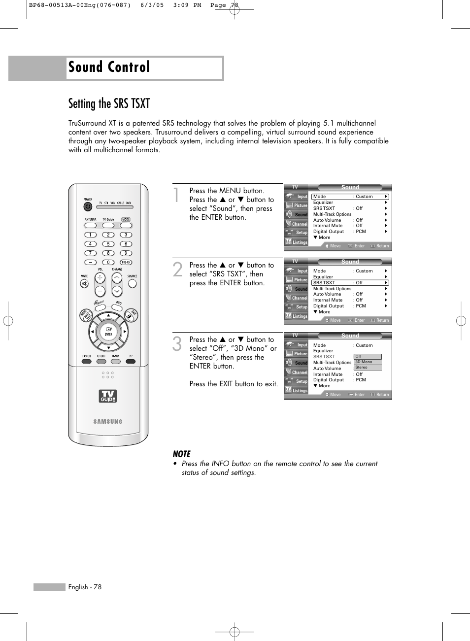 Setting the srs tsxt, Sound control | Samsung HLR5078WX-XAC User Manual | Page 78 / 144