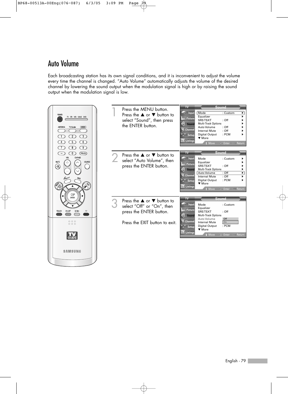 Auto volume | Samsung HLR5078WX-XAC User Manual | Page 79 / 144
