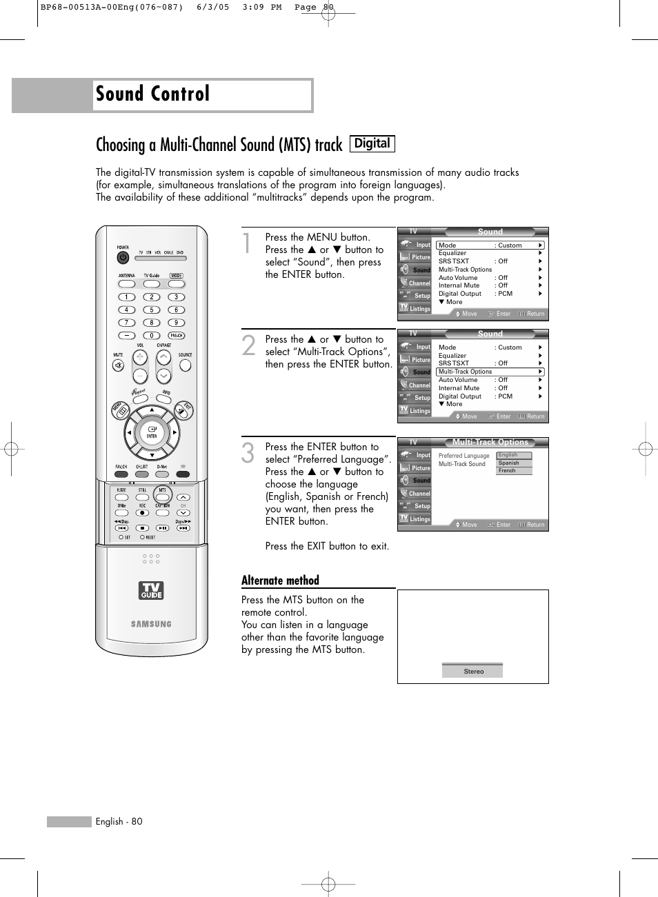 Choosing a multi-channel sound(mts) track, Sound control, Choosing a multi-channel sound (mts) track | Digital, Alternate method | Samsung HLR5078WX-XAC User Manual | Page 80 / 144