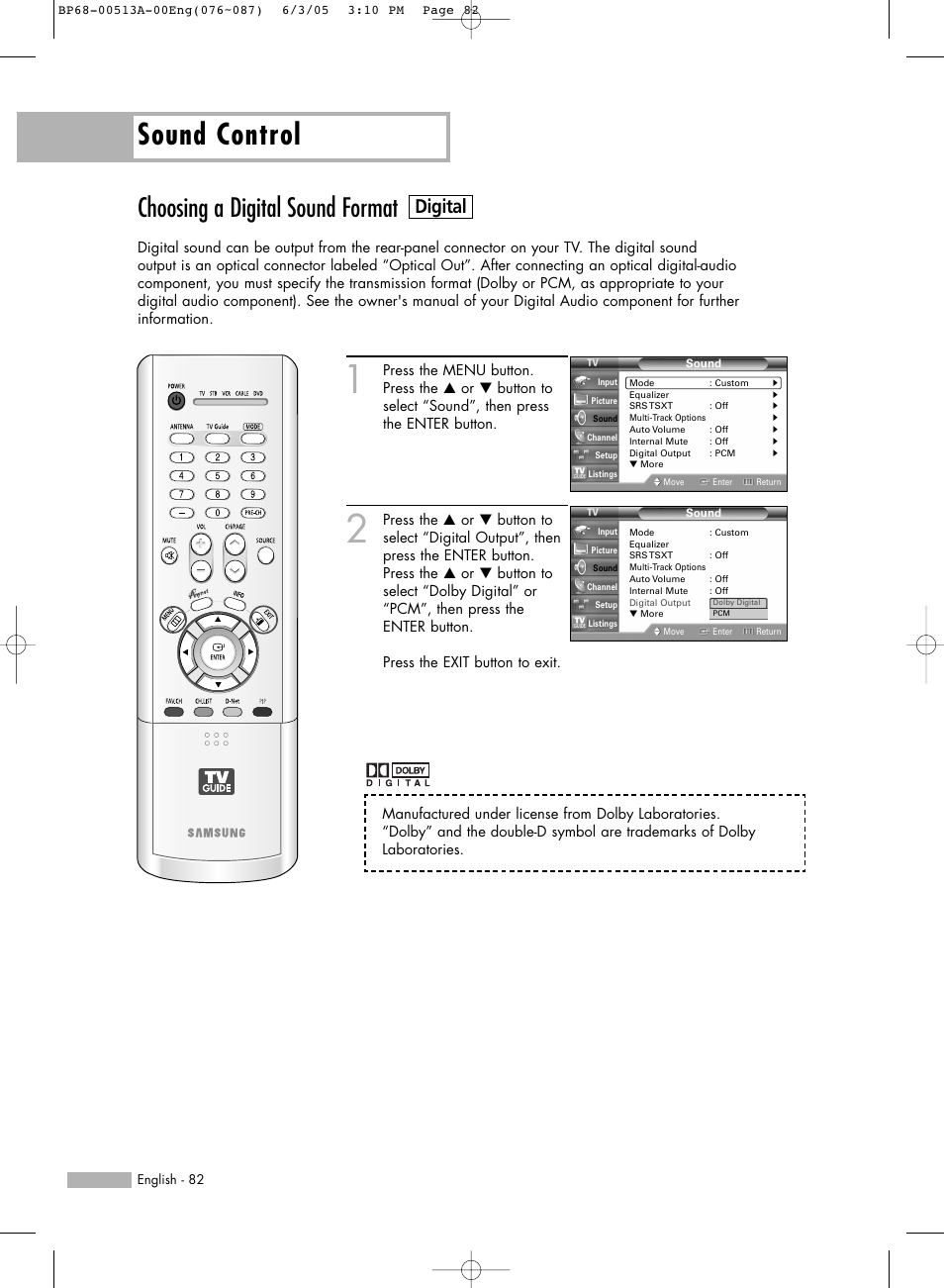 Choosing a digital sound format, Sound control, Digital | Samsung HLR5078WX-XAC User Manual | Page 82 / 144