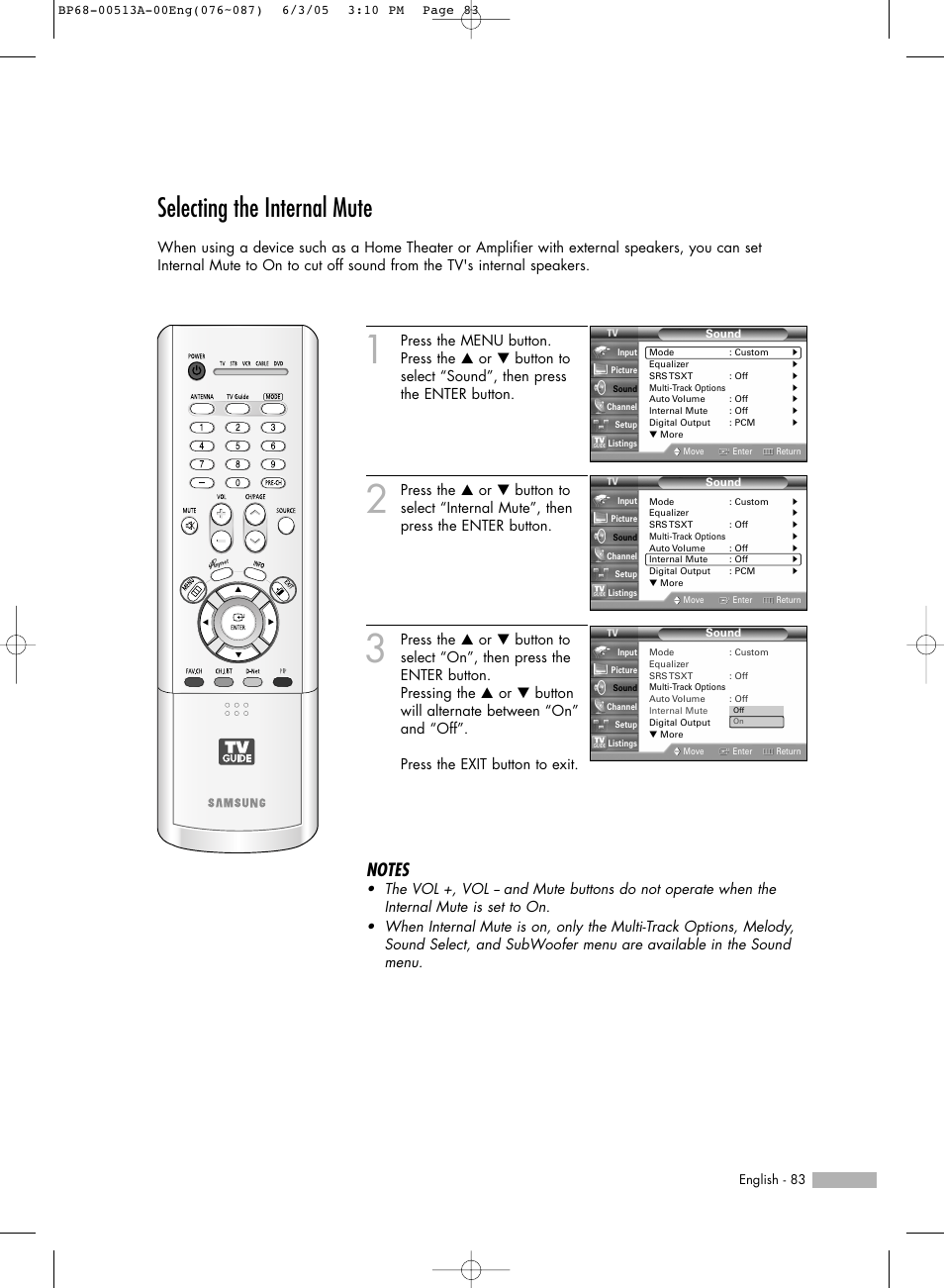 Selecting the internal mute | Samsung HLR5078WX-XAC User Manual | Page 83 / 144