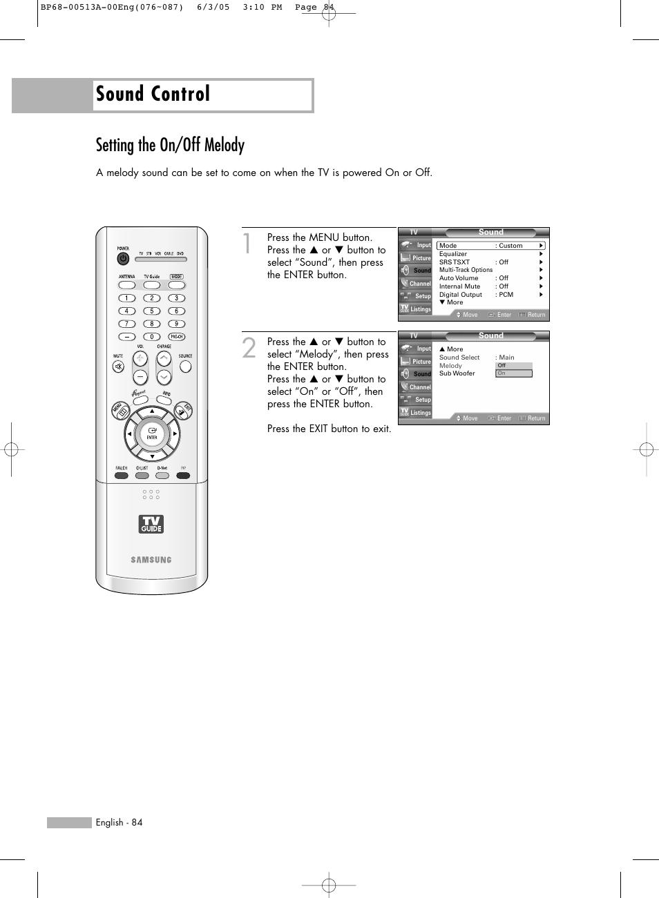 Setting the on/off melody, Sound control | Samsung HLR5078WX-XAC User Manual | Page 84 / 144