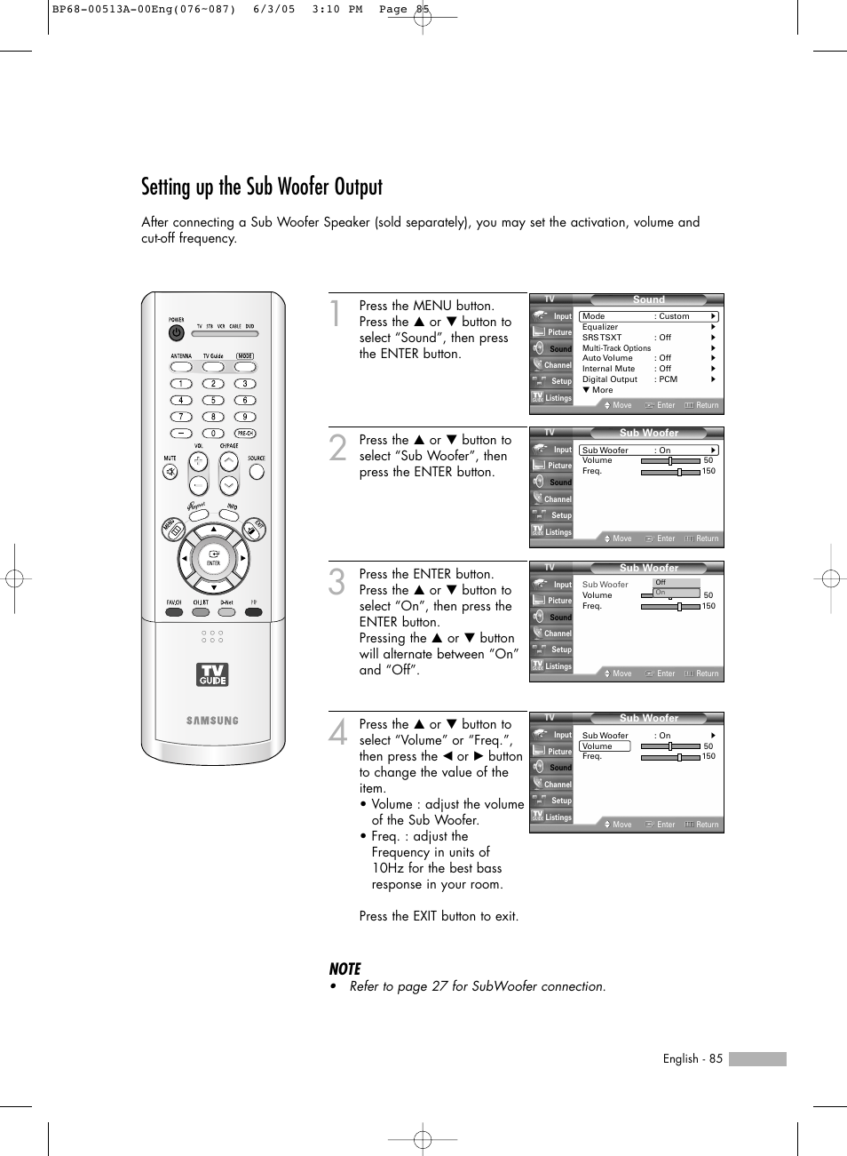 Setting up the sub woofer output | Samsung HLR5078WX-XAC User Manual | Page 85 / 144