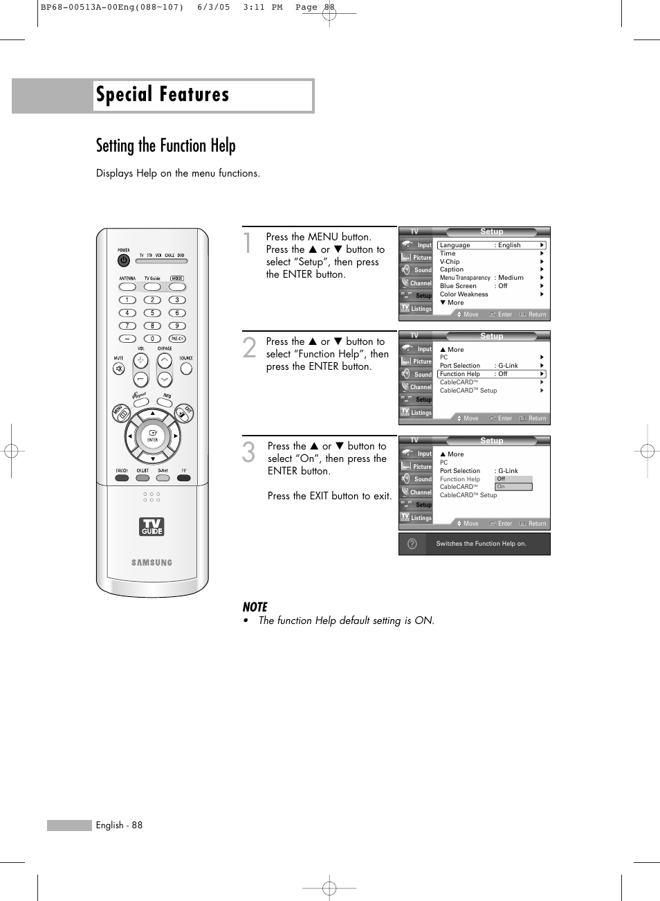 Setting the function help, Special features | Samsung HLR5078WX-XAC User Manual | Page 88 / 144