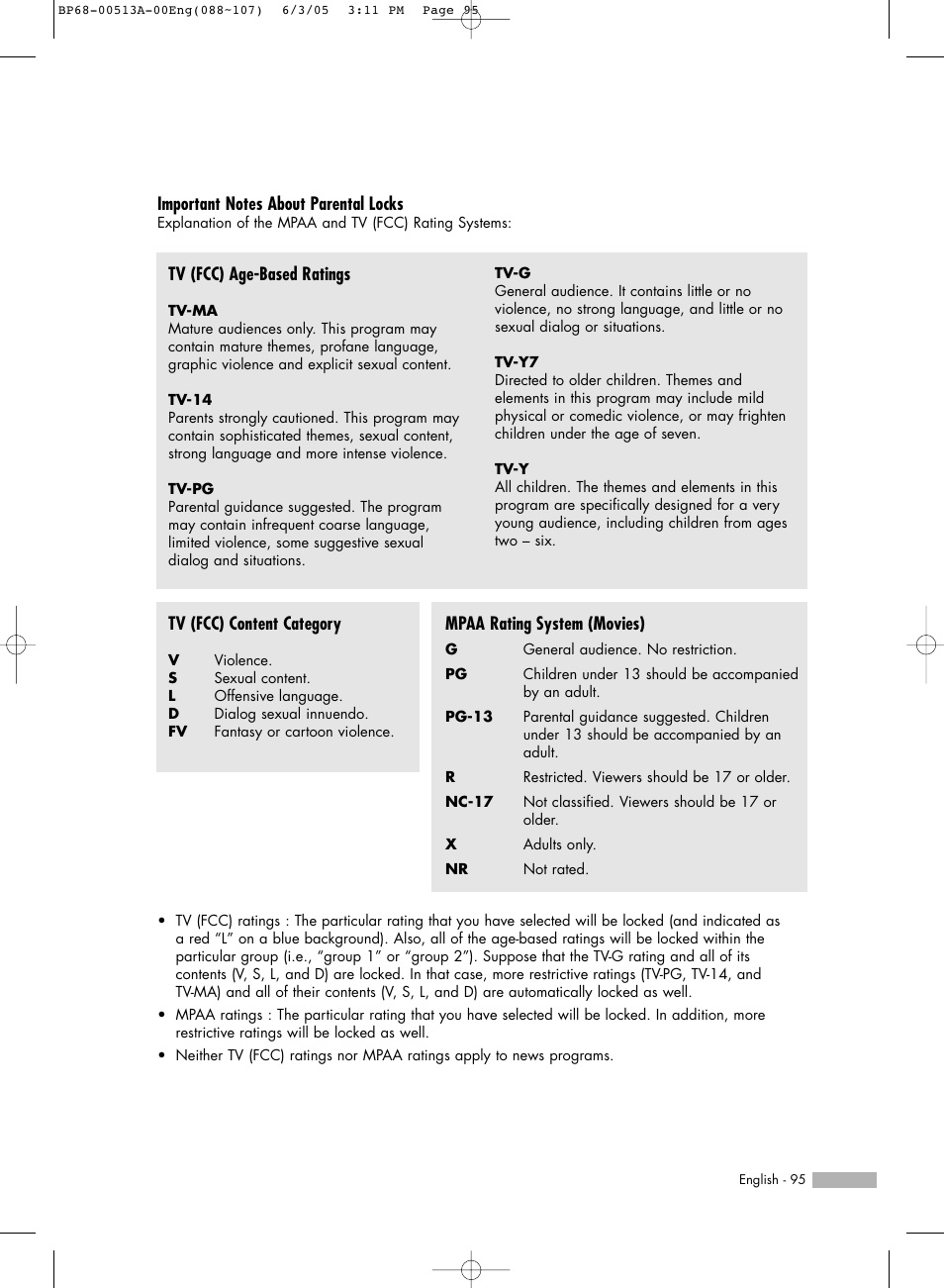 Tv (fcc) age-based ratings, Tv (fcc) content category, Mpaa rating system (movies) | Samsung HLR5078WX-XAC User Manual | Page 95 / 144