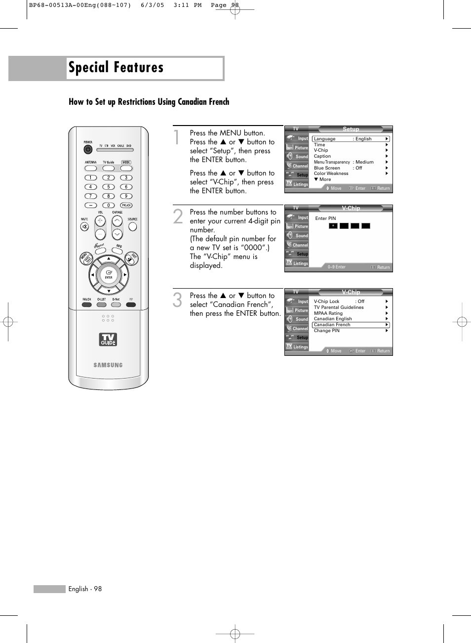 Special features, How to set up restrictions using canadian french | Samsung HLR5078WX-XAC User Manual | Page 98 / 144