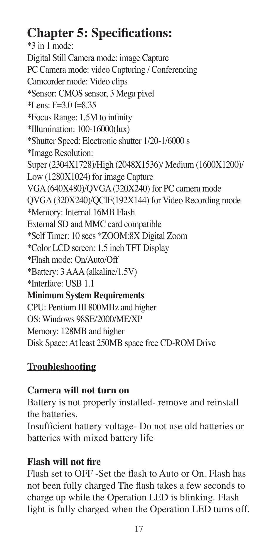Chapter 5: speciﬁcations | Argus Camera ARGUS QC-3195B User Manual | Page 17 / 20