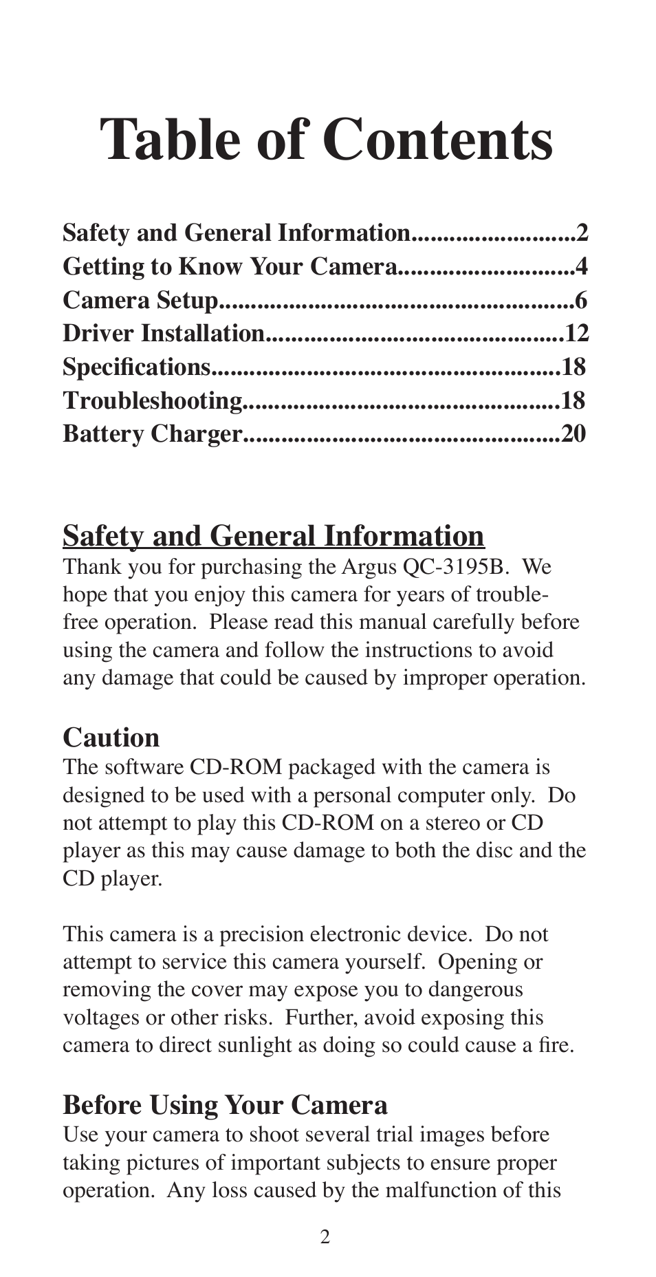 Argus Camera ARGUS QC-3195B User Manual | Page 2 / 20