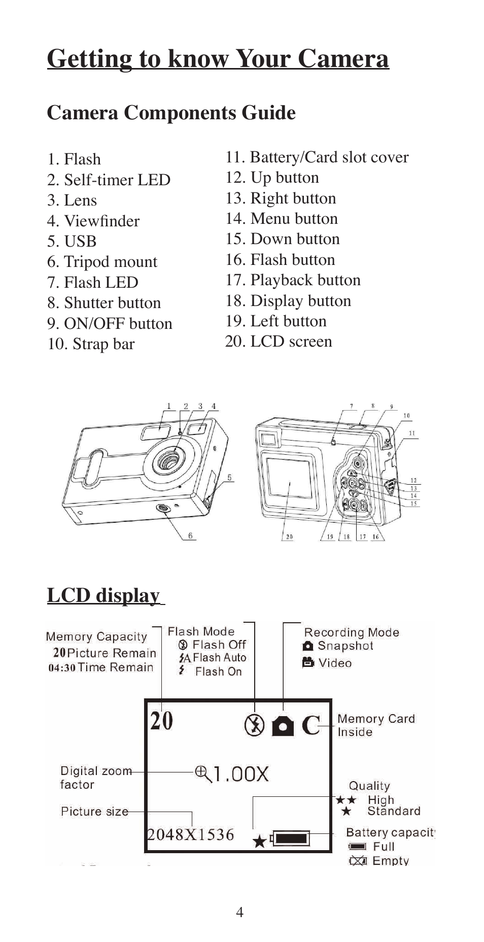 Getting to know your camera, Camera components guide, Lcd display | Argus Camera ARGUS QC-3195B User Manual | Page 4 / 20