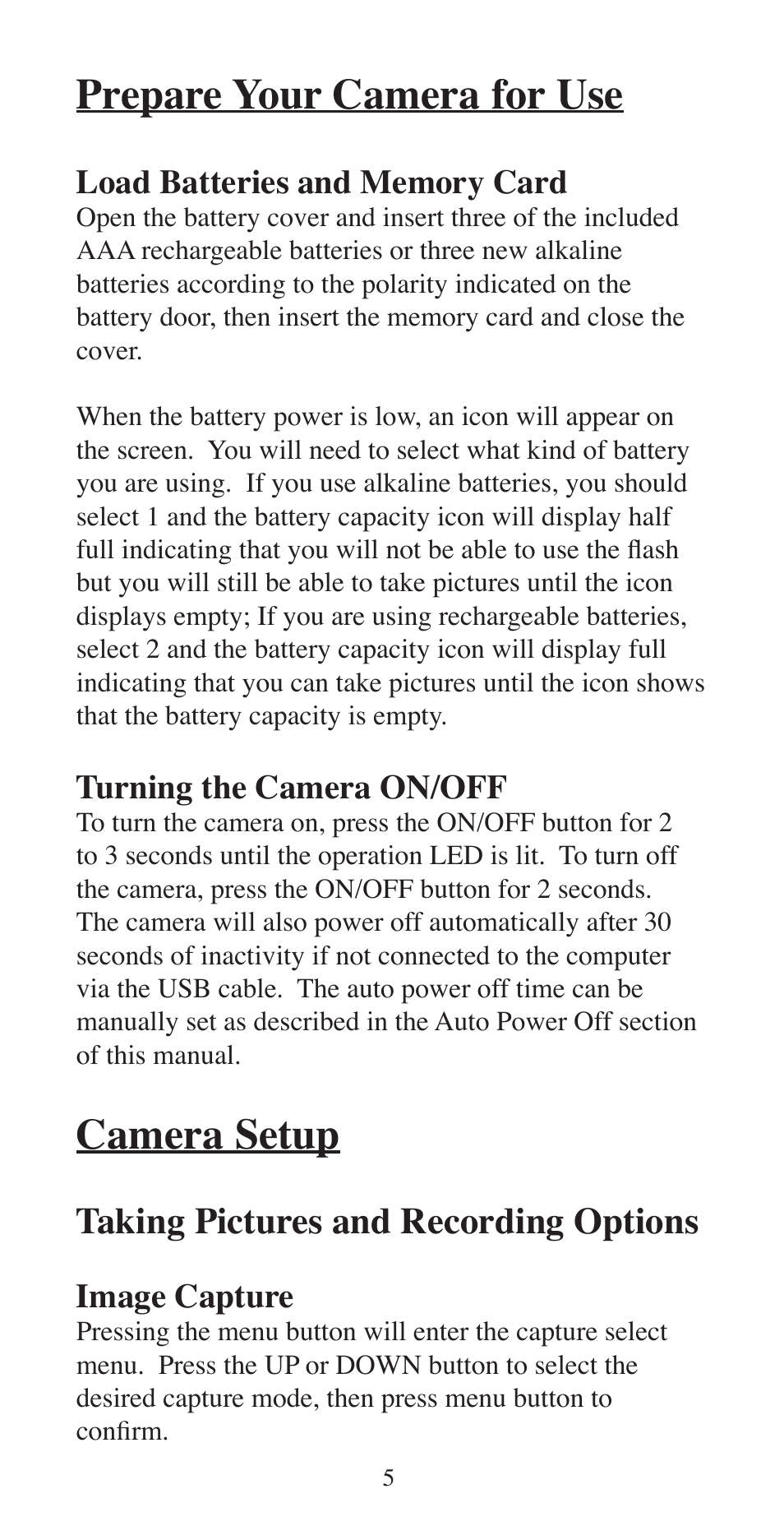 Prepare your camera for use, Camera setup, Taking pictures and recording options | Turning the camera on/off, Image capture | Argus Camera ARGUS QC-3195B User Manual | Page 5 / 20