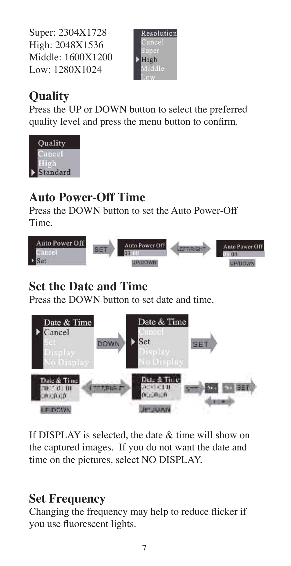 Quality, Auto power-off time, Set the date and time | Set frequency | Argus Camera ARGUS QC-3195B User Manual | Page 7 / 20
