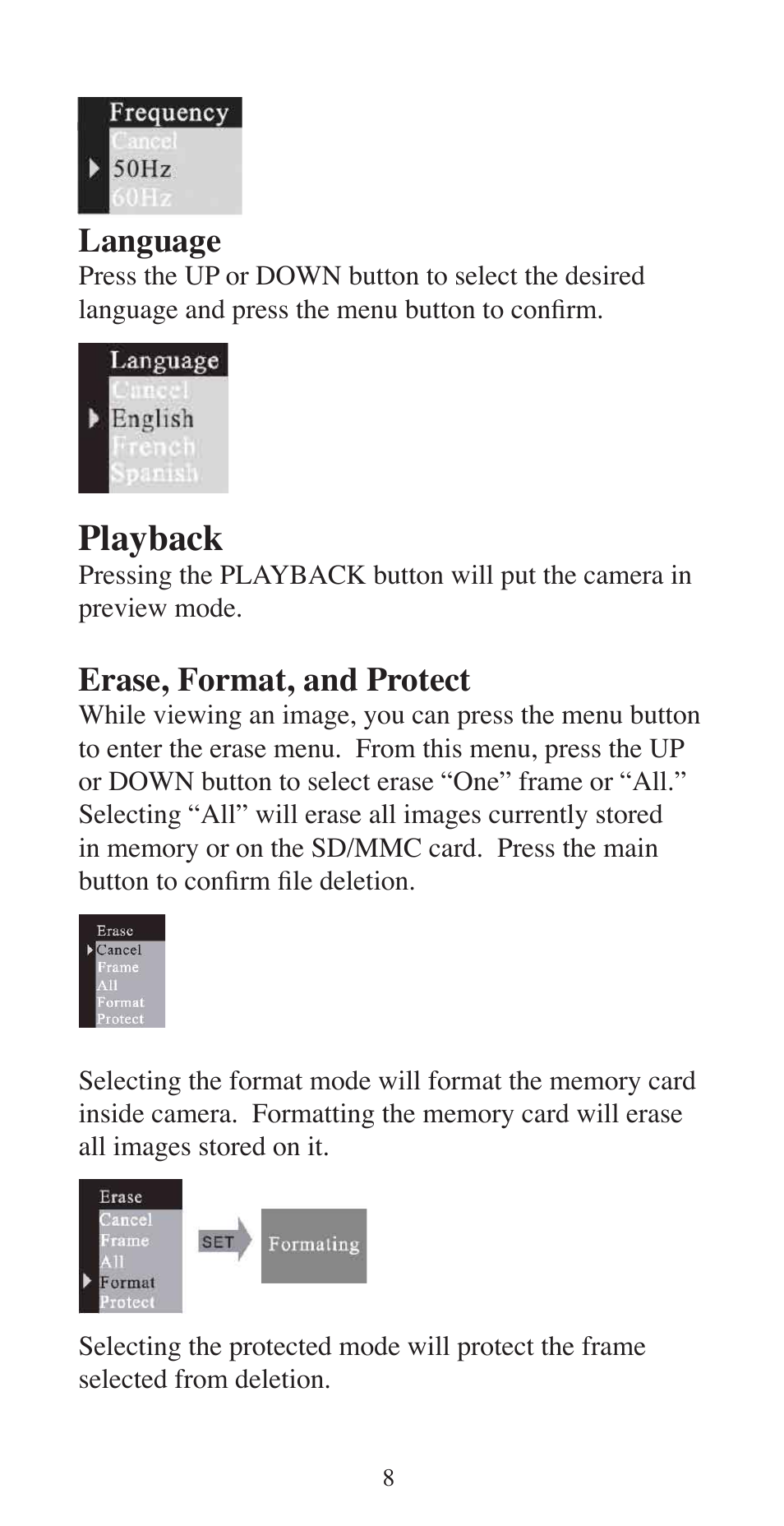 Playback, Language, Erase, format, and protect | Argus Camera ARGUS QC-3195B User Manual | Page 8 / 20