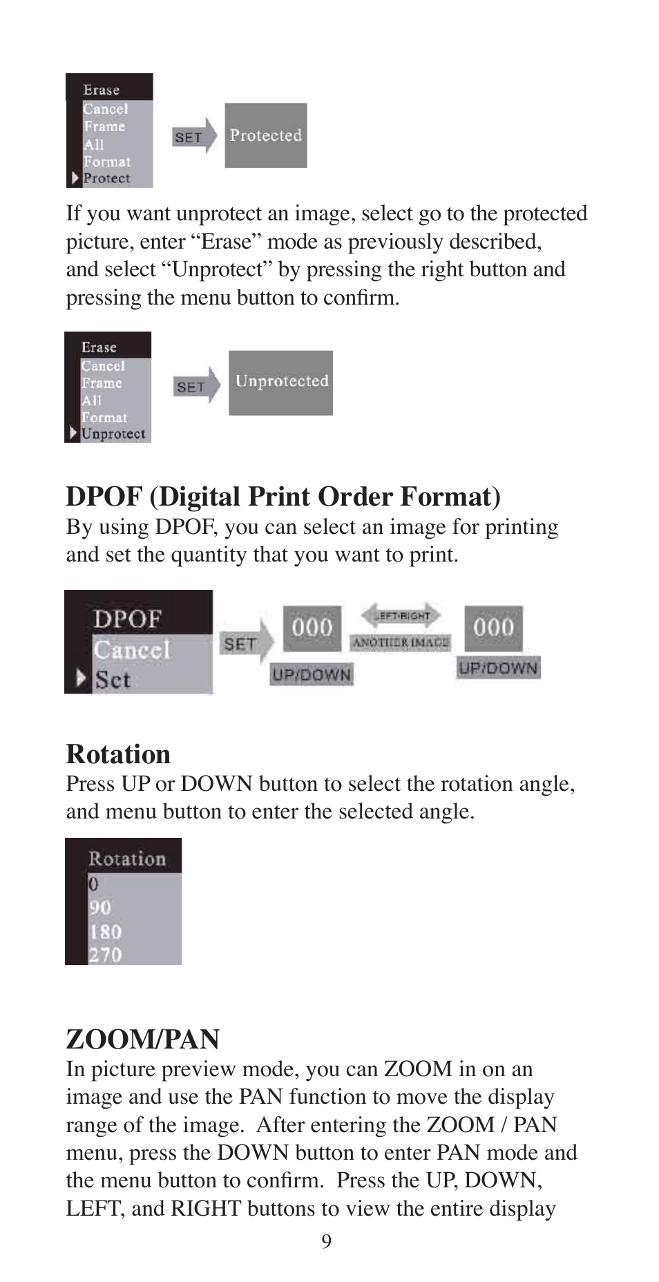 Dpof (digital print order format), Rotation, Zoom/pan | Argus Camera ARGUS QC-3195B User Manual | Page 9 / 20