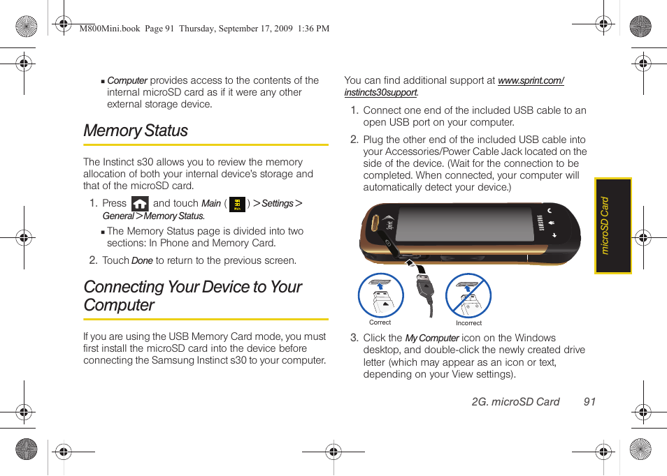 Memory status, Connecting your device to your computer | Samsung SPH-M810HAASPR User Manual | Page 103 / 235