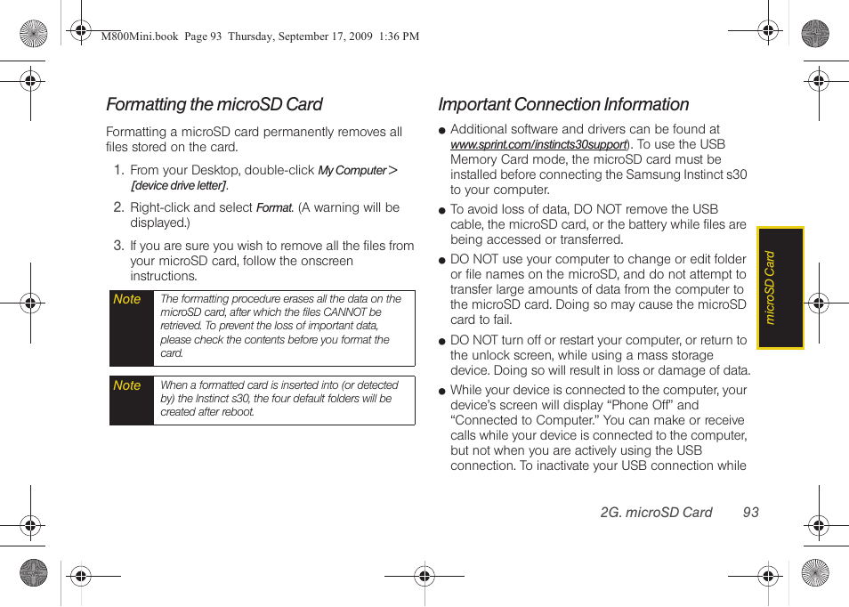 Formatting the microsd card, Important connection information | Samsung SPH-M810HAASPR User Manual | Page 105 / 235