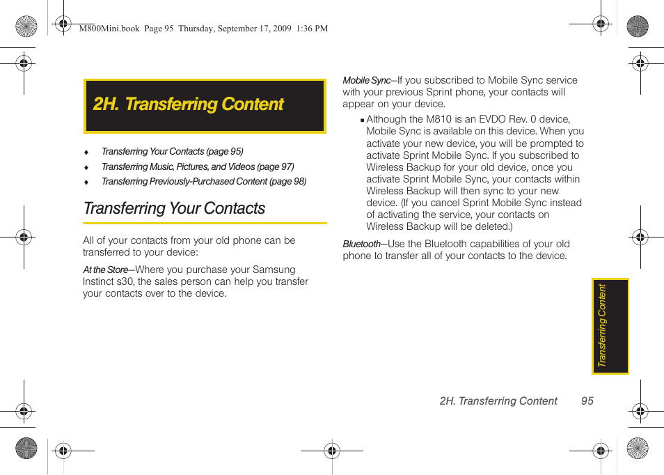 2h. transferring content, Transferring your contacts | Samsung SPH-M810HAASPR User Manual | Page 107 / 235