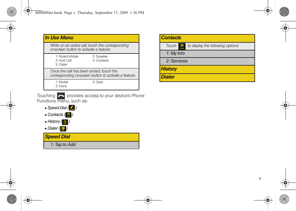 Speed dial, Contacts, History dialer | Samsung SPH-M810HAASPR User Manual | Page 11 / 235