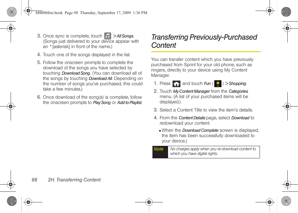 Transferring previously-purchased content | Samsung SPH-M810HAASPR User Manual | Page 110 / 235