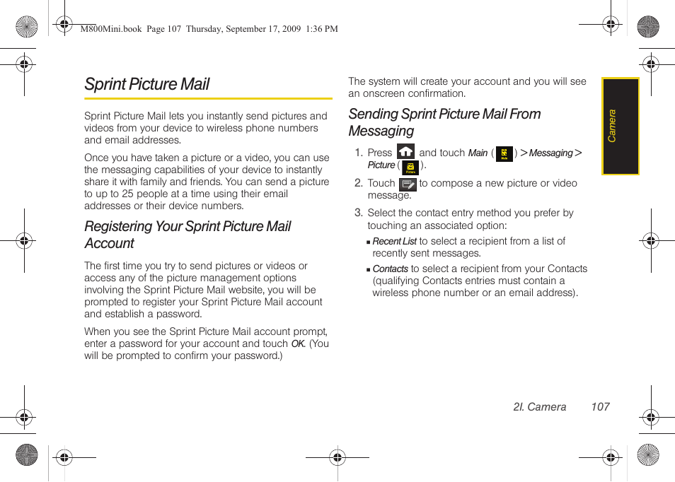 Sprint picture mail, Registering your sprint picture mail account, Sending sprint picture mail from messaging | Samsung SPH-M810HAASPR User Manual | Page 119 / 235