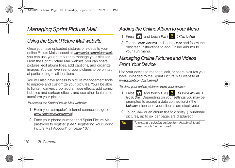 Managing sprint picture mail, Using the sprint picture mail website, Adding the online album to your menu | Samsung SPH-M810HAASPR User Manual | Page 122 / 235