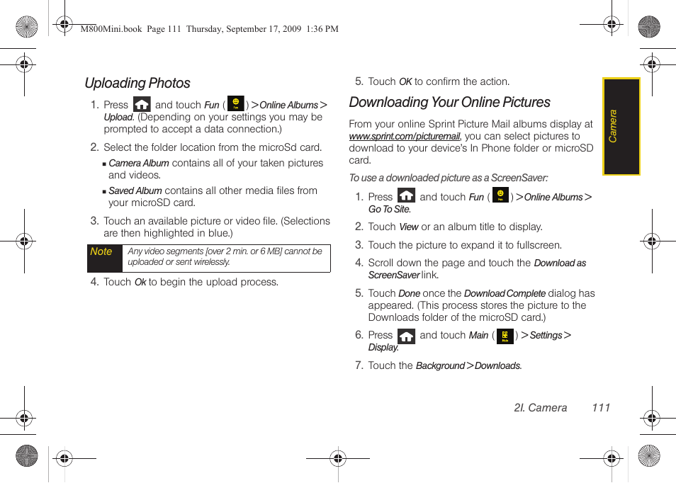 Uploading photos, Downloading your online pictures | Samsung SPH-M810HAASPR User Manual | Page 123 / 235