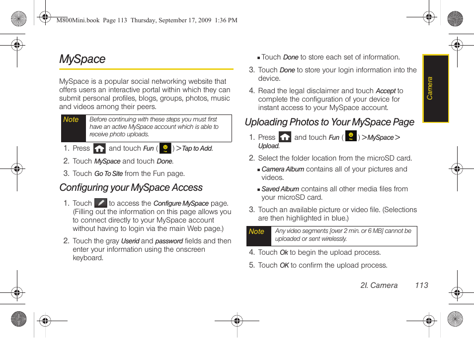 Myspace, Configuring your myspace access, Uploading photos to your myspace page | Samsung SPH-M810HAASPR User Manual | Page 125 / 235