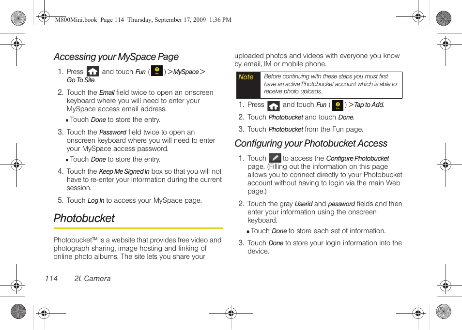 Photobucket, Configuring your photobucket access, Accessing your myspace page | Samsung SPH-M810HAASPR User Manual | Page 126 / 235