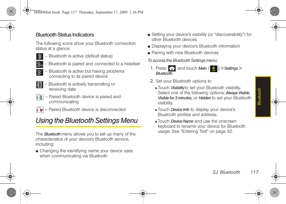 Using the bluetooth settings menu | Samsung SPH-M810HAASPR User Manual | Page 129 / 235