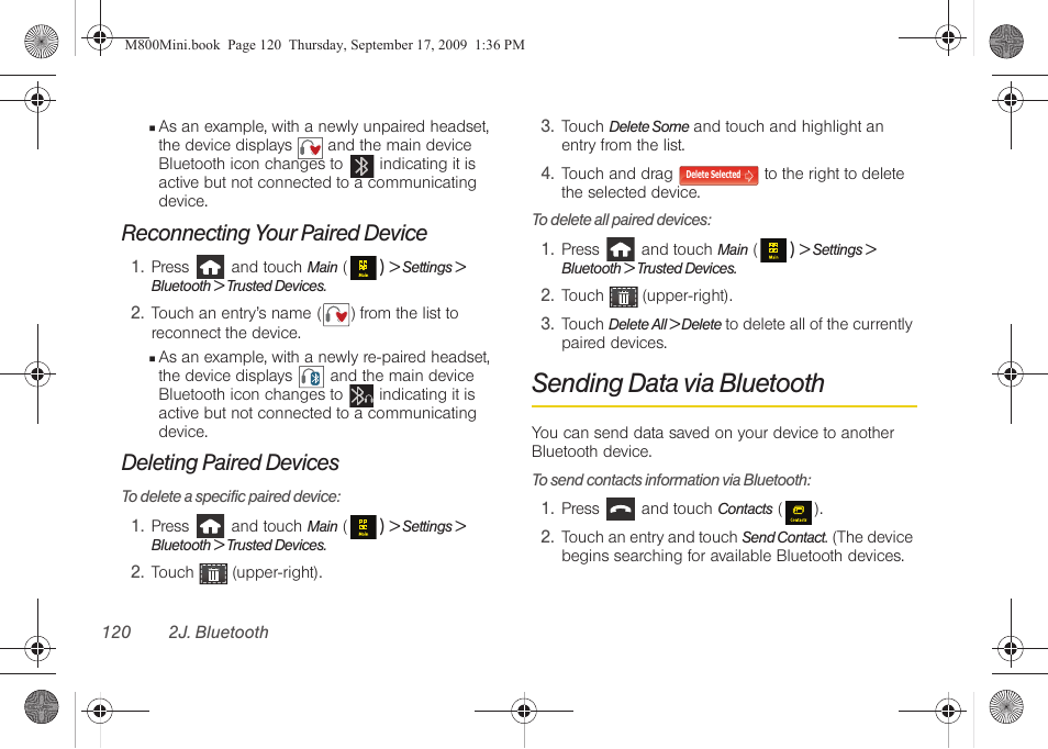 Reconnecting your paired device, Deleting paired devices, Sending data via bluetooth | Samsung SPH-M810HAASPR User Manual | Page 132 / 235