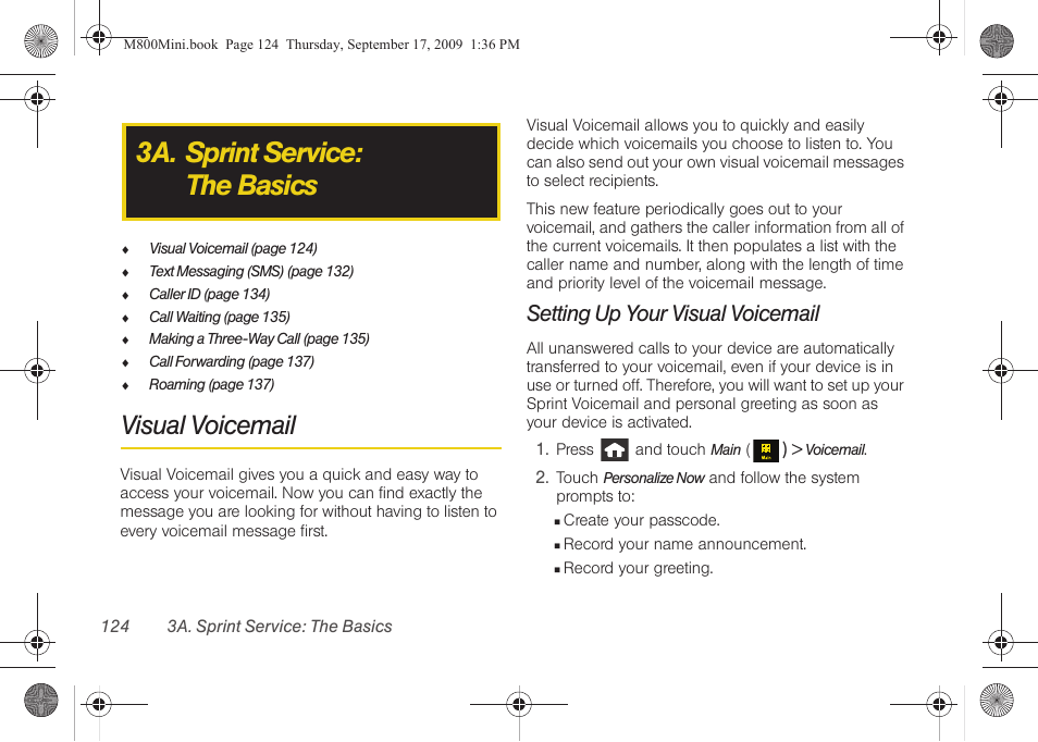 3a. sprint service: the basics, Visual voicemail, Setting up your visual voicemail | Samsung SPH-M810HAASPR User Manual | Page 136 / 235