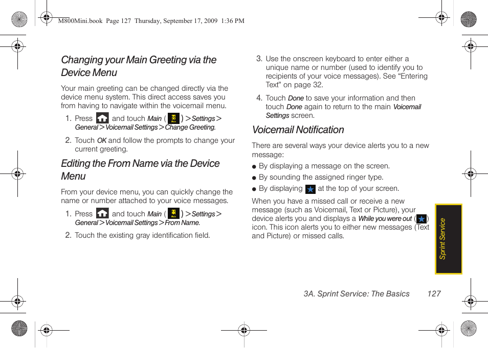 Changing your main greeting via the device menu, Editing the from name via the device menu, Voicemail notification | Samsung SPH-M810HAASPR User Manual | Page 139 / 235