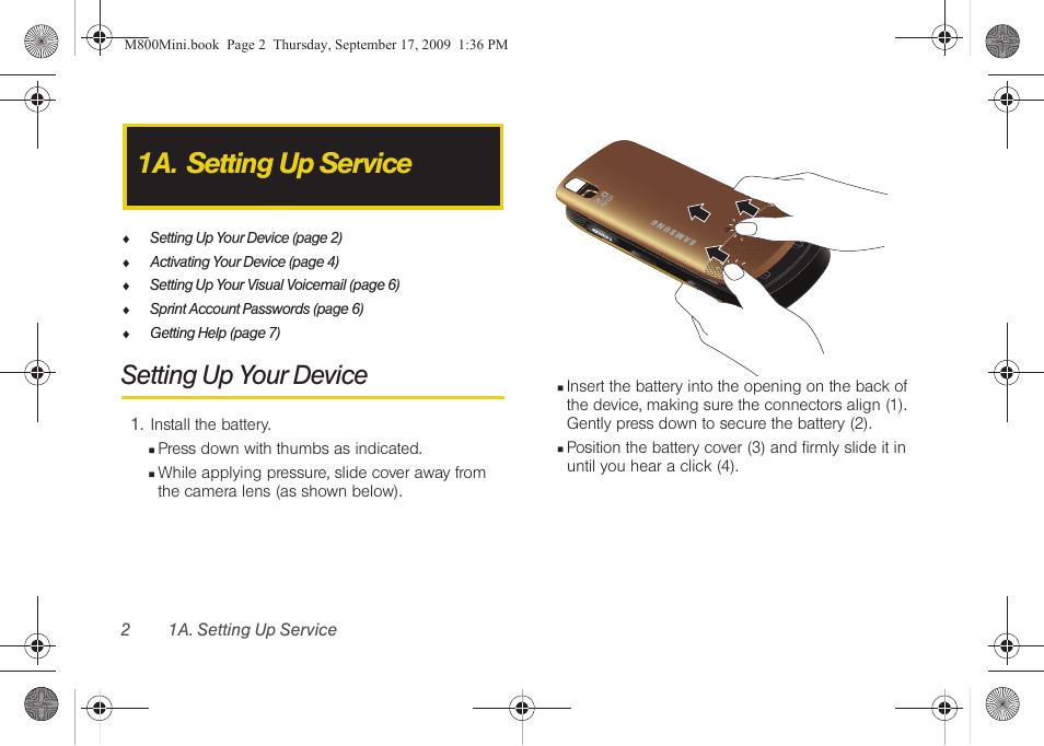 1a. setting up service, Setting up your device | Samsung SPH-M810HAASPR User Manual | Page 14 / 235