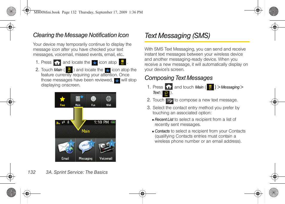 Clearing the message notification icon, Text messaging (sms), Composing text messages | Samsung SPH-M810HAASPR User Manual | Page 144 / 235