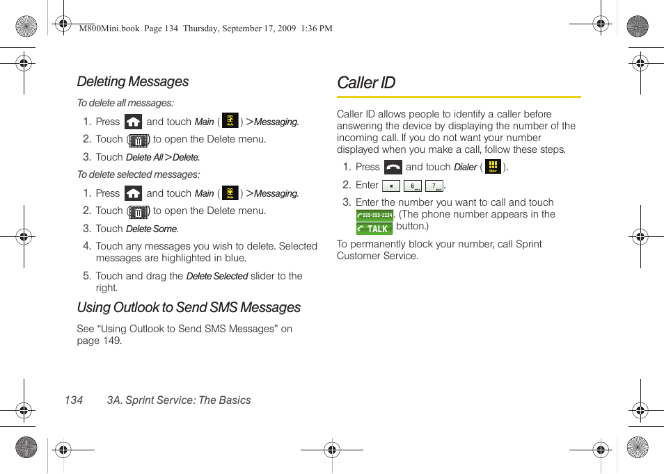 Deleting messages, Using outlook to send sms messages, Caller id | Samsung SPH-M810HAASPR User Manual | Page 146 / 235