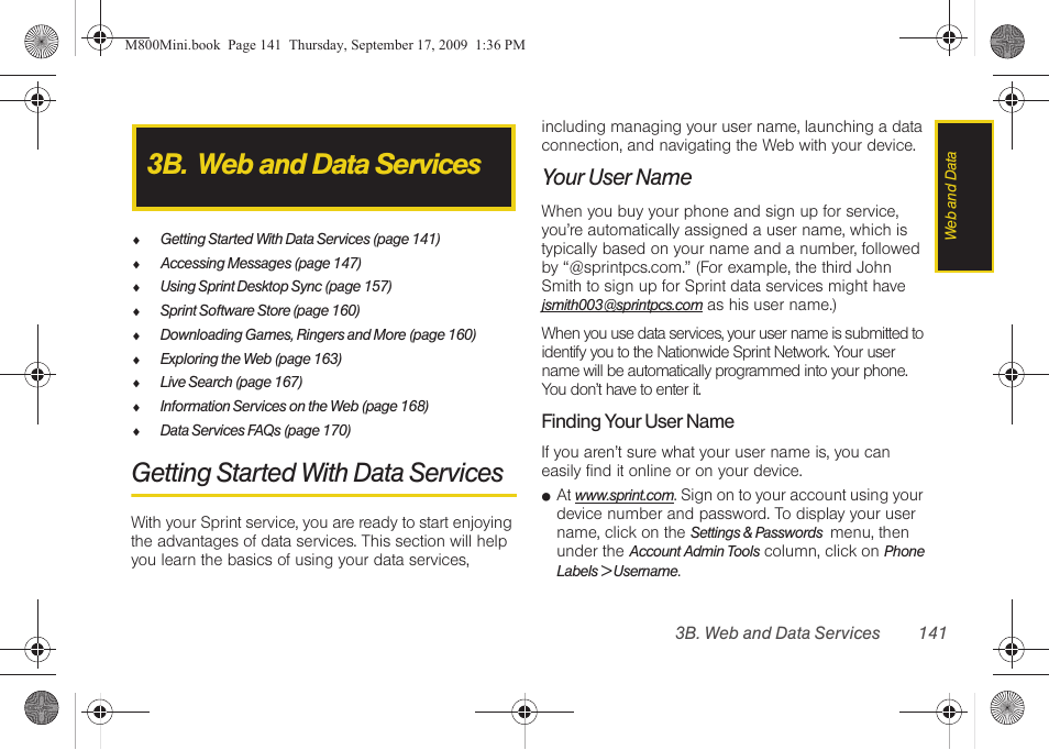 3b. web and data services, Getting started with data services, Your user name | Samsung SPH-M810HAASPR User Manual | Page 153 / 235