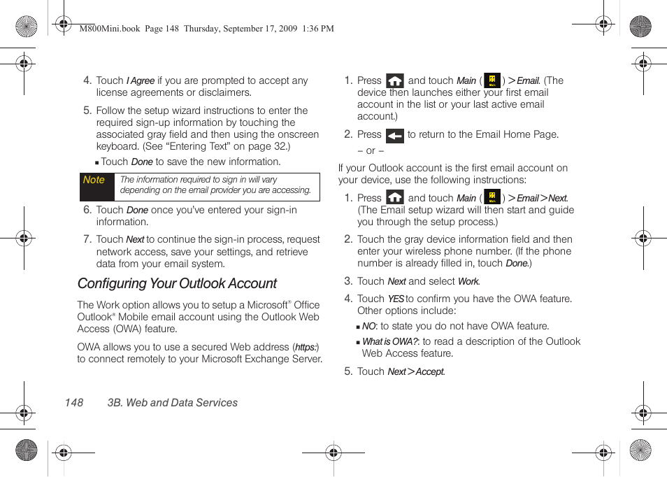 Configuring your outlook account | Samsung SPH-M810HAASPR User Manual | Page 160 / 235