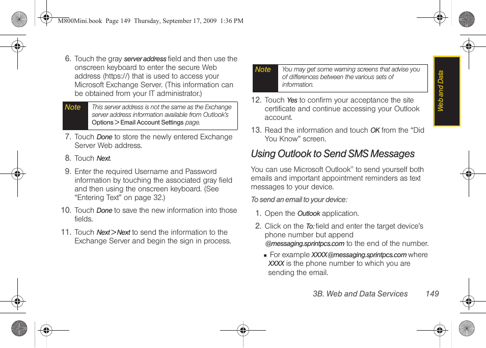 Using outlook to send sms messages | Samsung SPH-M810HAASPR User Manual | Page 161 / 235