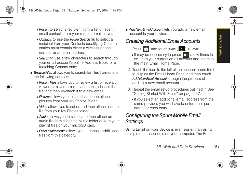 Creating additional email accounts, Configuring the sprint mobile email settings | Samsung SPH-M810HAASPR User Manual | Page 163 / 235