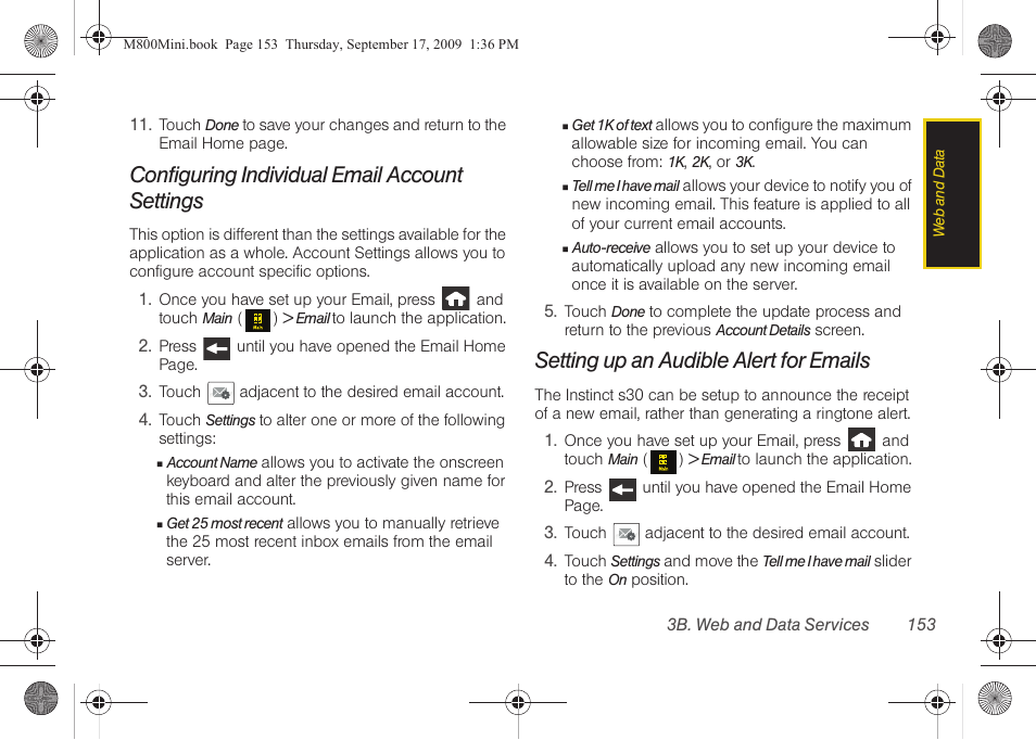 Configuring individual email account settings, Setting up an audible alert for emails | Samsung SPH-M810HAASPR User Manual | Page 165 / 235