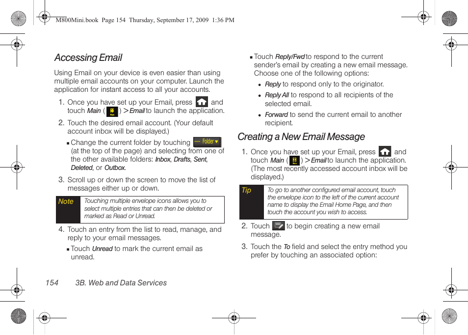 Accessing email, Creating a new email message | Samsung SPH-M810HAASPR User Manual | Page 166 / 235