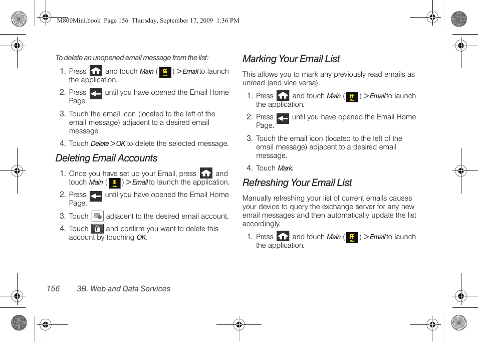 Deleting email accounts, Marking your email list, Refreshing your email list | Samsung SPH-M810HAASPR User Manual | Page 168 / 235